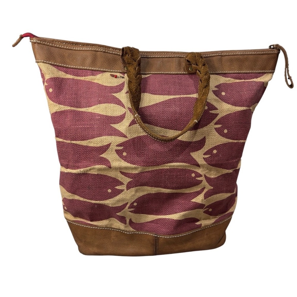 Gap Red Vintage Fish Print Burlap Tote Bag Leather Trim Braided Handles Burgundy